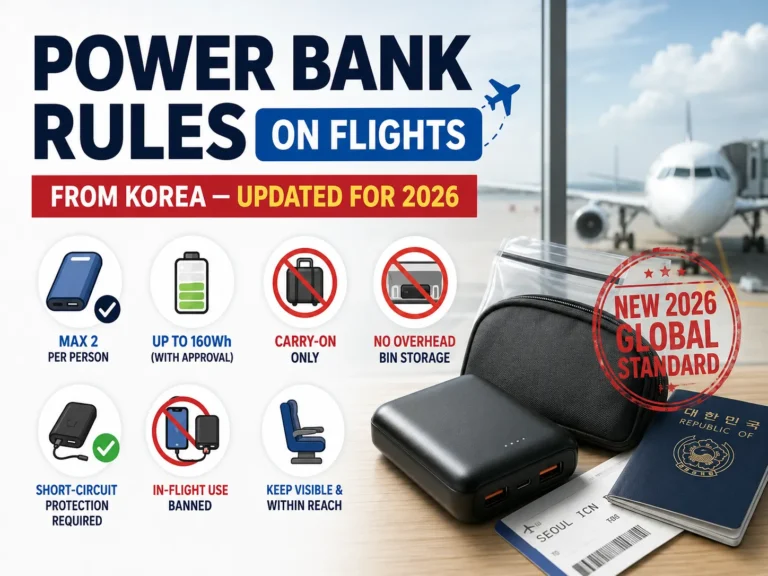 Thumbnail showing updated 2026 flight rules for power banks from Korea, with airport background, travel essentials, and battery restriction icons.