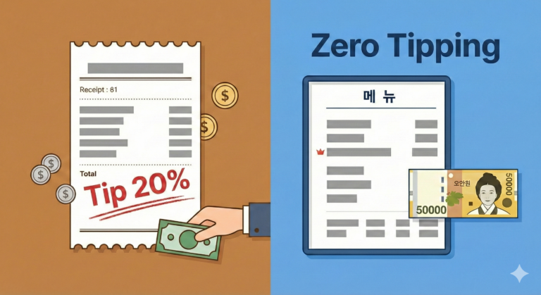 Split background: left shows a Western receipt with "Tip 20%", right shows a Korean menu with "Zero Tipping" and a 50,000 won bill. Minimalist infographic style.