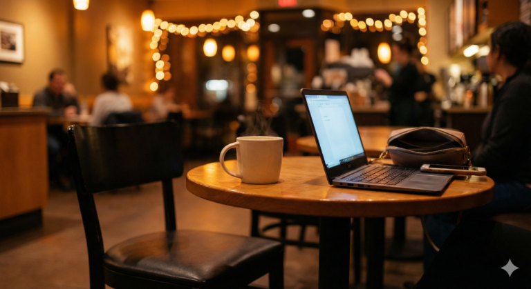 A candid photograph captures a scene in a cozy, warmly lit cafe. A steaming white mug, an open laptop displaying documents, a smartphone, and a small purse are on a round wooden table in the foreground, with an empty black chair beside it. In the blurred background, a person is visible to the right, and string lights create a soft, glowing bokeh effect.