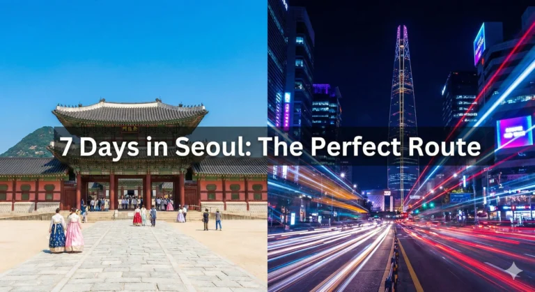 A split-screen image contrasting traditional and modern Seoul. The left half displays a bright, sunny daytime view of Gyeongbokgung Palace with visitors, while the right half features a vibrant, neon-lit night view of the futuristic Lotte World Tower and city traffic. A centered text overlay reads '7 Days in Seoul: The Perfect Route'.