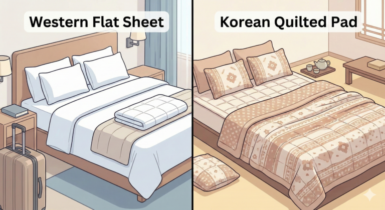 A split-screen illustration comparing a Western bed with white flat sheets and a Korean bed with a quilted pad.