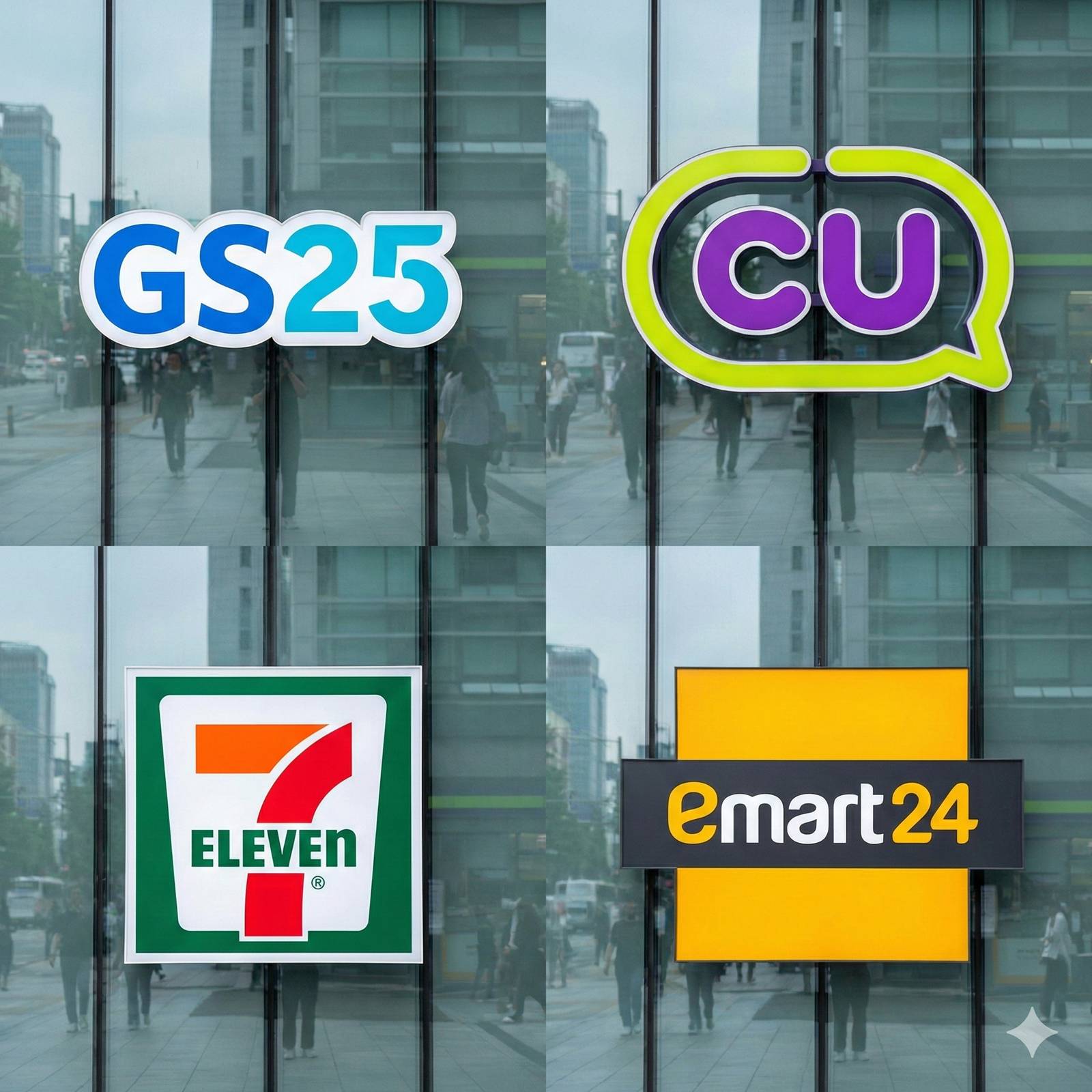 "A 2x2 grid of South Korean convenience store logos: GS25, CU, 7-Eleven, and Emart24."