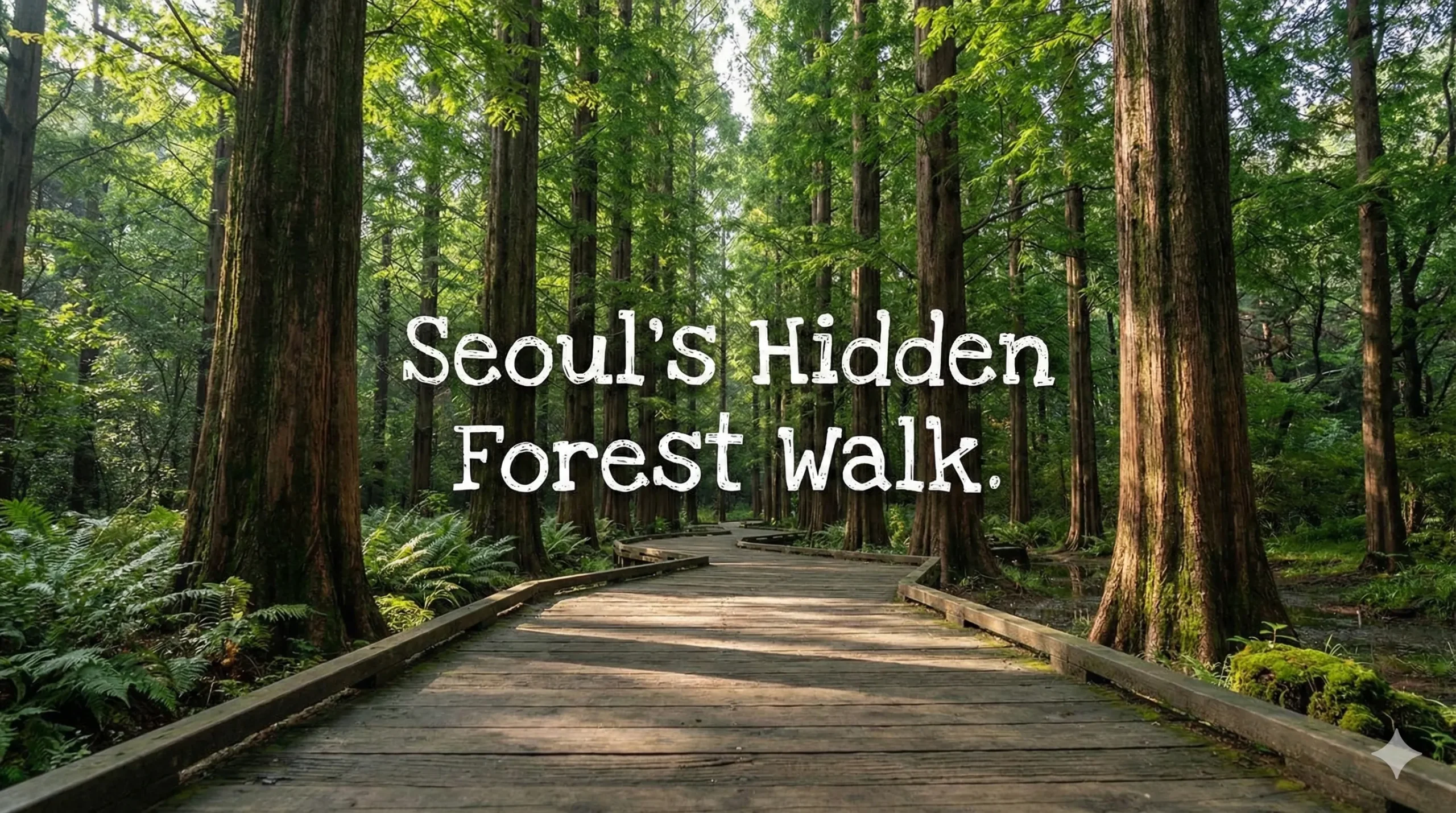 A low-angle shot of a wooden boardwalk winding endlessly into a dense, green Metasequoia forest, with the text 'Seoul's Hidden Forest Walk' centered in the image.