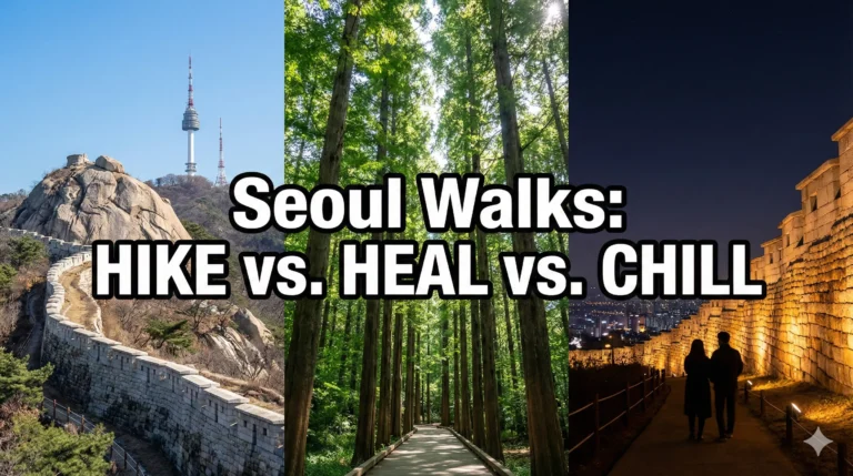 A triptych collage with the large text overlay "Seoul Walks: HIKE vs. HEAL vs. CHILL" across the center. The left panel shows the Seoul City Wall winding up the rocky slope of Inwangsan mountain during the day with N Seoul Tower in the distance. The center panel shows a view looking straight up into the tall canopy of a dense Metasequoia forest on Ansan mountain. The right panel shows the silhouette of a couple walking along the warmly illuminated fortress wall at Naksan Park at night.