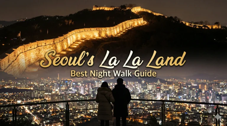 A night landscape image in a 16:9 aspect ratio. The background shows an illuminated fortress wall winding along a dark mountain ridge. In the foreground, a silhouette of a couple is seen from the back, overlooking city lights. Centered text reads "Seoul's La La Land" in large letters, with "Best Night Walk Guide" in smaller letters below.
