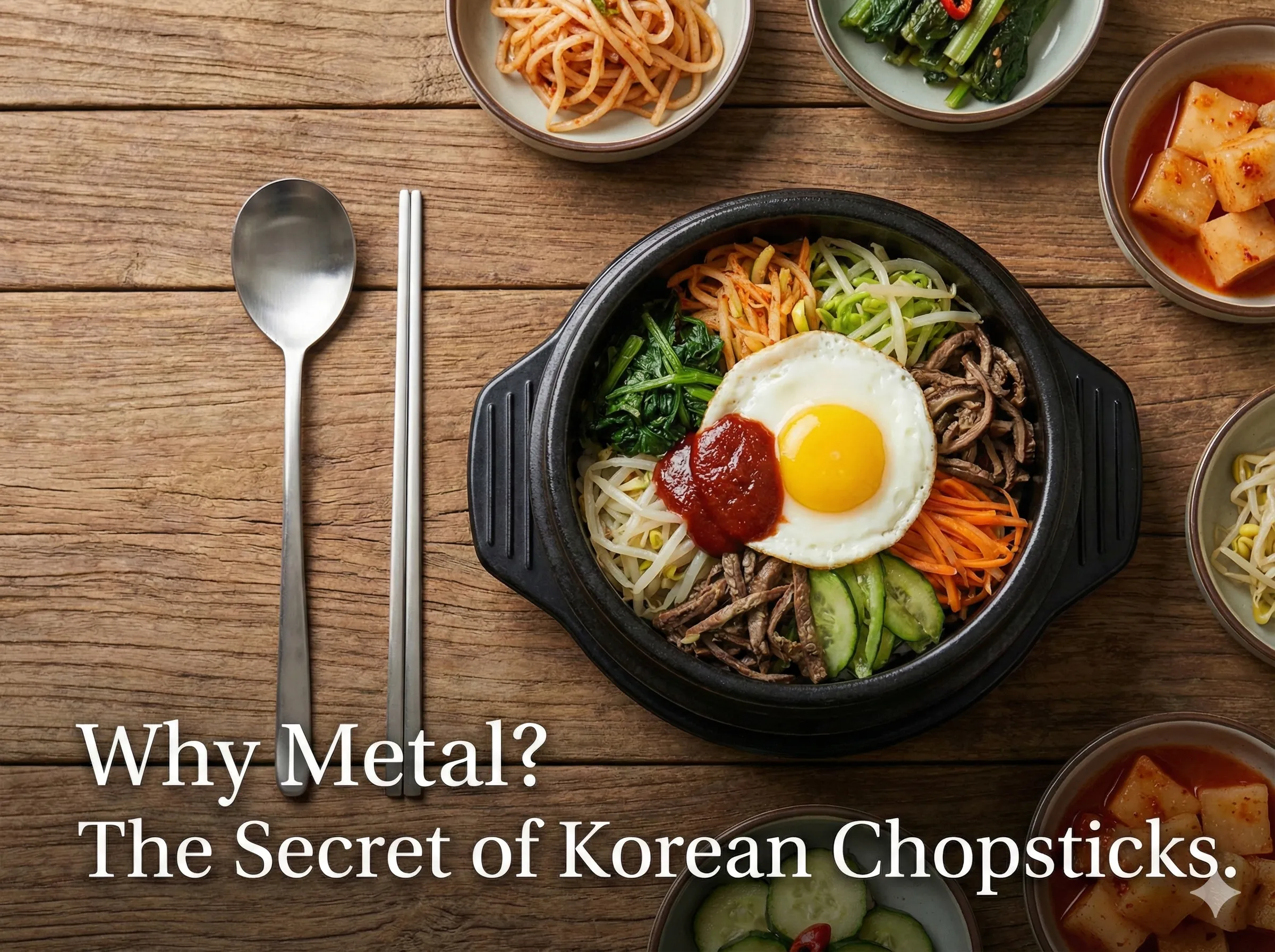 A high-resolution, top-down view of a traditional Korean dining setting on a wooden table. A shiny stainless steel spoon and flat chopsticks (su-jeo) rest next to a black stone bowl filled with colorful bibimbap, topped with a fried egg. Various small side dishes (banchan) like kimchi and seasoned vegetables surround the main bowl. Text overlay at the bottom reads: 'Why Metal? The Secret of Korean Chopsticks.