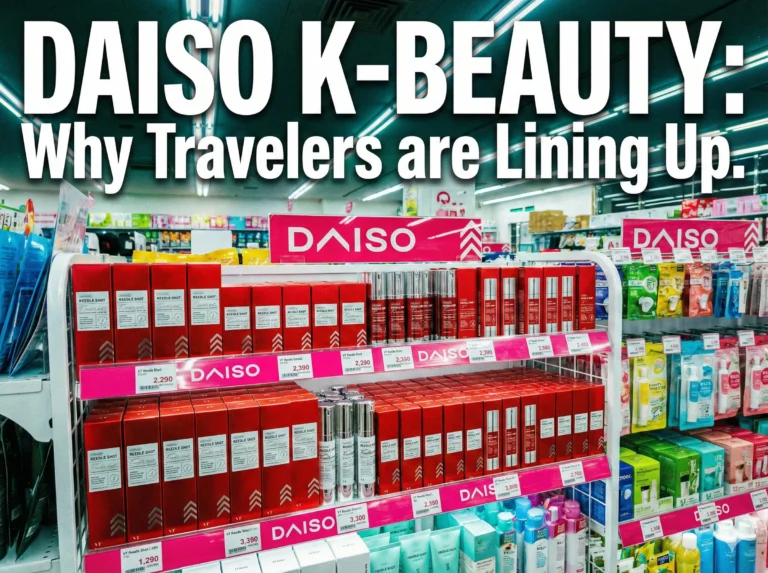 Gemini의 응답 A brightly lit Daiso store shelf stocked with rows of red K-beauty skincare products. Large, bold white text across the top reads "DAISO K-BEAUTY: Why Travelers are Lining Up." The image features high contrast and vibrant colors with no people present.