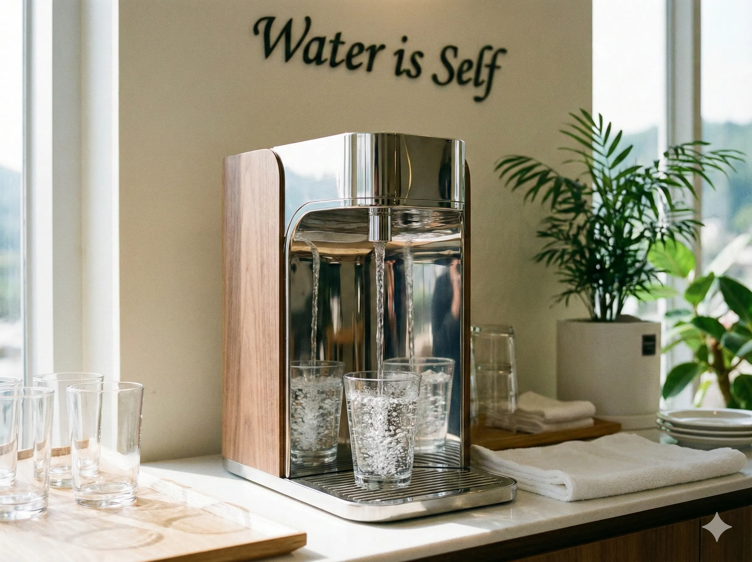 A stylish water dispenser in a Korean restaurant with the text 'Water is Self' written nearby. The image captures water being poured into a clean glass cup, emphasizing hygiene and clarity.