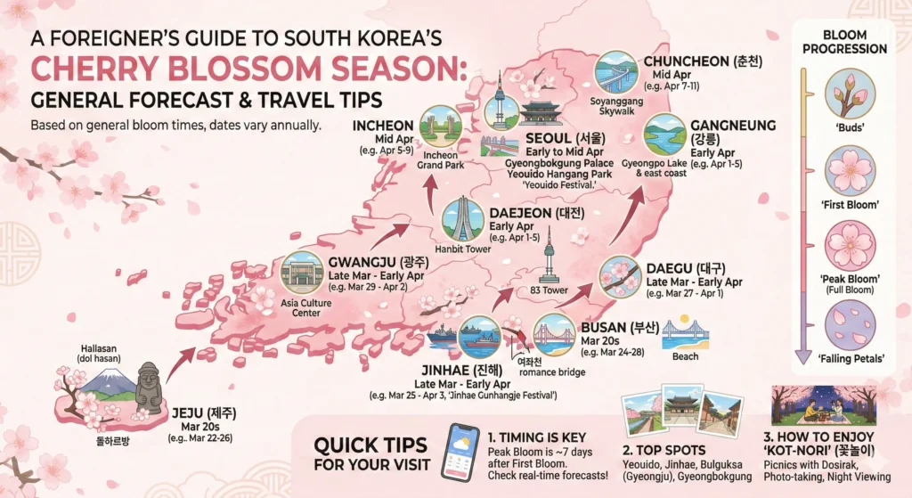 An infographic map of South Korea titled 'A Foreigner's Guide to South Korea's Cherry Blossom Season: General Forecast & Travel Tips'. The map displays the general progression of cherry blossom blooms from south to north, starting in Jeju in late March, moving through southern cities like Busan and Jinhae, and reaching central and northern areas like Seoul, Gangneung, and Chuncheon by early to mid-April. Each location includes estimated dates and small illustrations of local landmarks. The graphic also features a sidebar showing the bloom progression stages—from 'Buds' to 'Falling Petals'—and a bottom section with 'Quick Tips' on timing, top viewing spots, and how to enjoy traditional 'Kot-nori' (flower viewing)