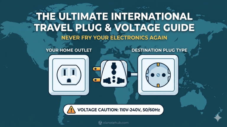 A clean, modern featured image for a blog post, providing a visual guide on international travel plugs and voltage. Bold white text at the top reads: "THE ULTIMATE INTERNATIONAL TRAVEL PLUG & VOLTAGE GUIDE" with the yellow subtitle "NEVER FRY YOUR ELECTRONICS AGAIN". Against a subtle global map background, two wall outlets are compared side-by-side, linked by a universal travel adapter. The left outlet is labeled "YOUR HOME OUTLET" (showing a Type B socket), and the right outlet is labeled "DESTINATION PLUG TYPE" (showing a Type F/Schuko socket). A warning box at the bottom details "VOLTAGE CAUTION: 110V-240V, 50/60Hz". The vianotehub.com logo is subtly placed in the corner.