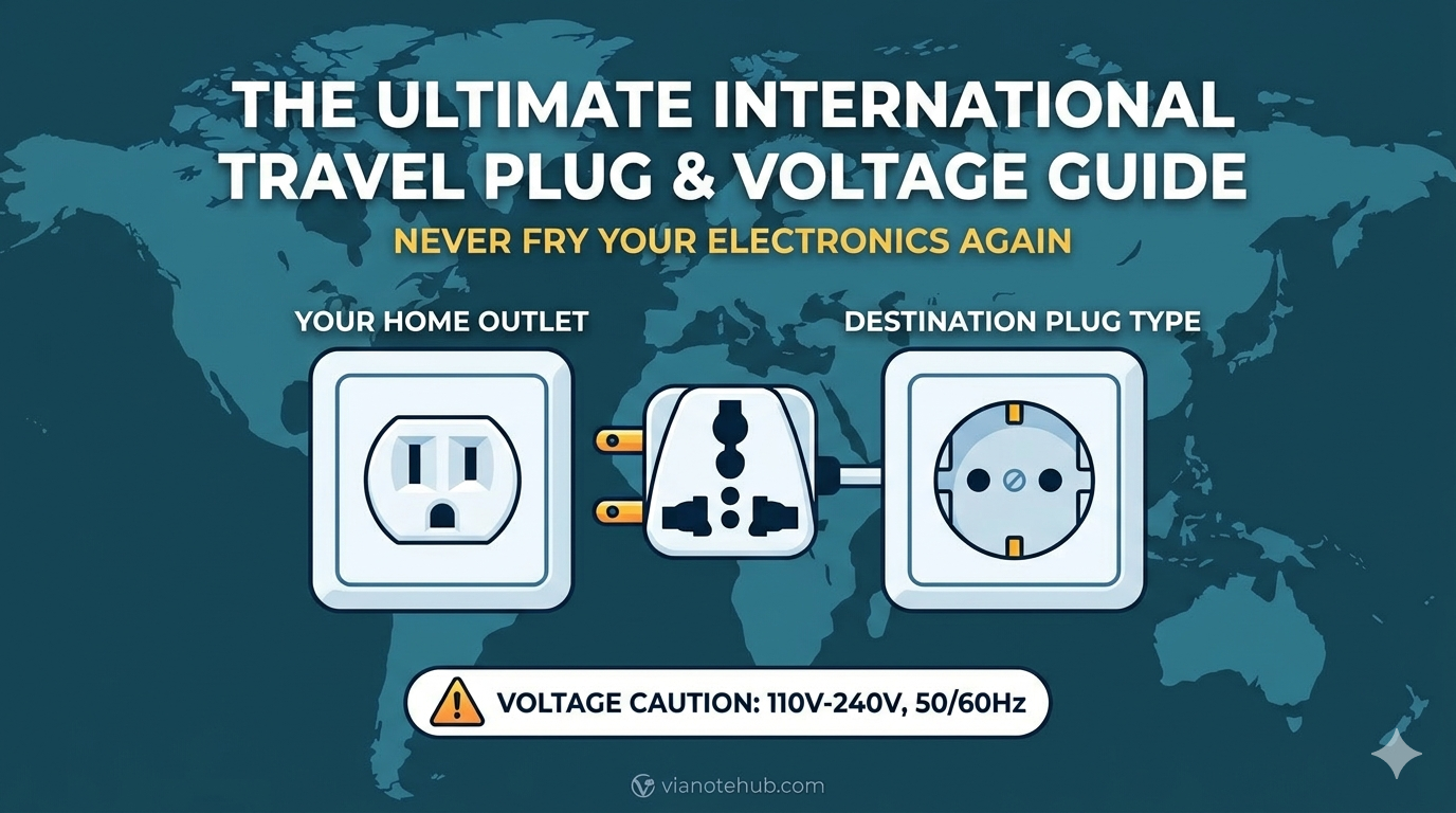 A clean, modern featured image for a blog post, providing a visual guide on international travel plugs and voltage. Bold white text at the top reads: "THE ULTIMATE INTERNATIONAL TRAVEL PLUG & VOLTAGE GUIDE" with the yellow subtitle "NEVER FRY YOUR ELECTRONICS AGAIN". Against a subtle global map background, two wall outlets are compared side-by-side, linked by a universal travel adapter. The left outlet is labeled "YOUR HOME OUTLET" (showing a Type B socket), and the right outlet is labeled "DESTINATION PLUG TYPE" (showing a Type F/Schuko socket). A warning box at the bottom details "VOLTAGE CAUTION: 110V-240V, 50/60Hz". The vianotehub.com logo is subtly placed in the corner.