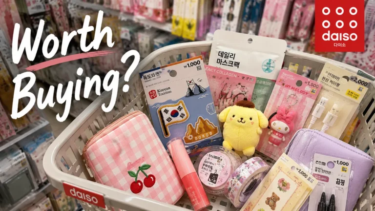 **Alt text:** *Shopping basket filled with popular Daiso Korea items, including Korean-themed souvenirs, beauty products, stationery, and character goods, inside a colorful Daiso store, with the text "Worth Buying?" displayed on the image.*