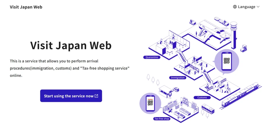 Screenshot of the Visit Japan Web homepage explaining an online service for arrival procedures in Japan, including quarantine, immigration, customs, and tax-free shopping. The page shows a ‘Start using the service now’ button and an illustrated flow diagram with QR codes representing each step of the arrival process.