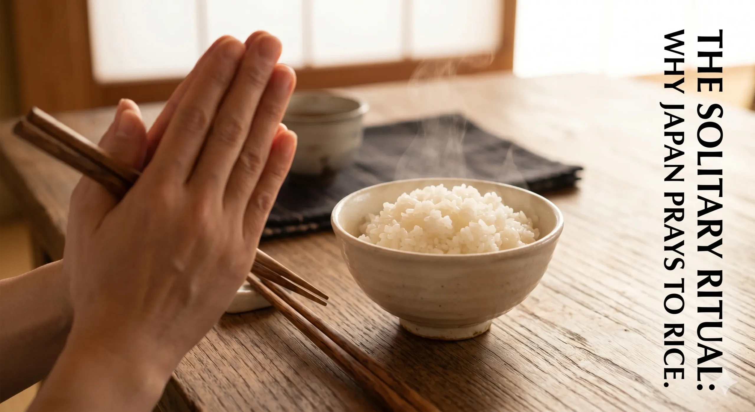 A soft, shallow-depth-of-field close-up focusing on a single, steaming bowl of freshly cooked white rice sitting on a wooden table. In the foreground, slightly blurred, are a person's hands brought together in a neat prayer gesture holding high-quality wooden chopsticks horizontally. The lighting is warm and natural, with bold, clean text running vertically: "The Solitary Ritual: Why Japan Prays to Rice."