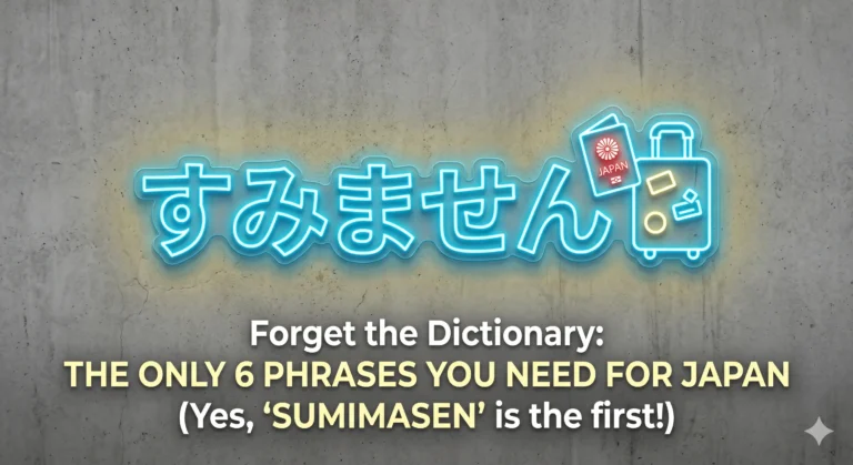 A high-contrast visual featuring a clean, concrete-textured background. Centered is a neon-style graphic or crisp overlay highlighting the Japanese character for "Sumimasen" alongside an icon of a passport and a suitcase. The styling relies on bold minimalism with sharp typography reading: "Forget the Dictionary: The Only 6 Phrases You Need for Japan."