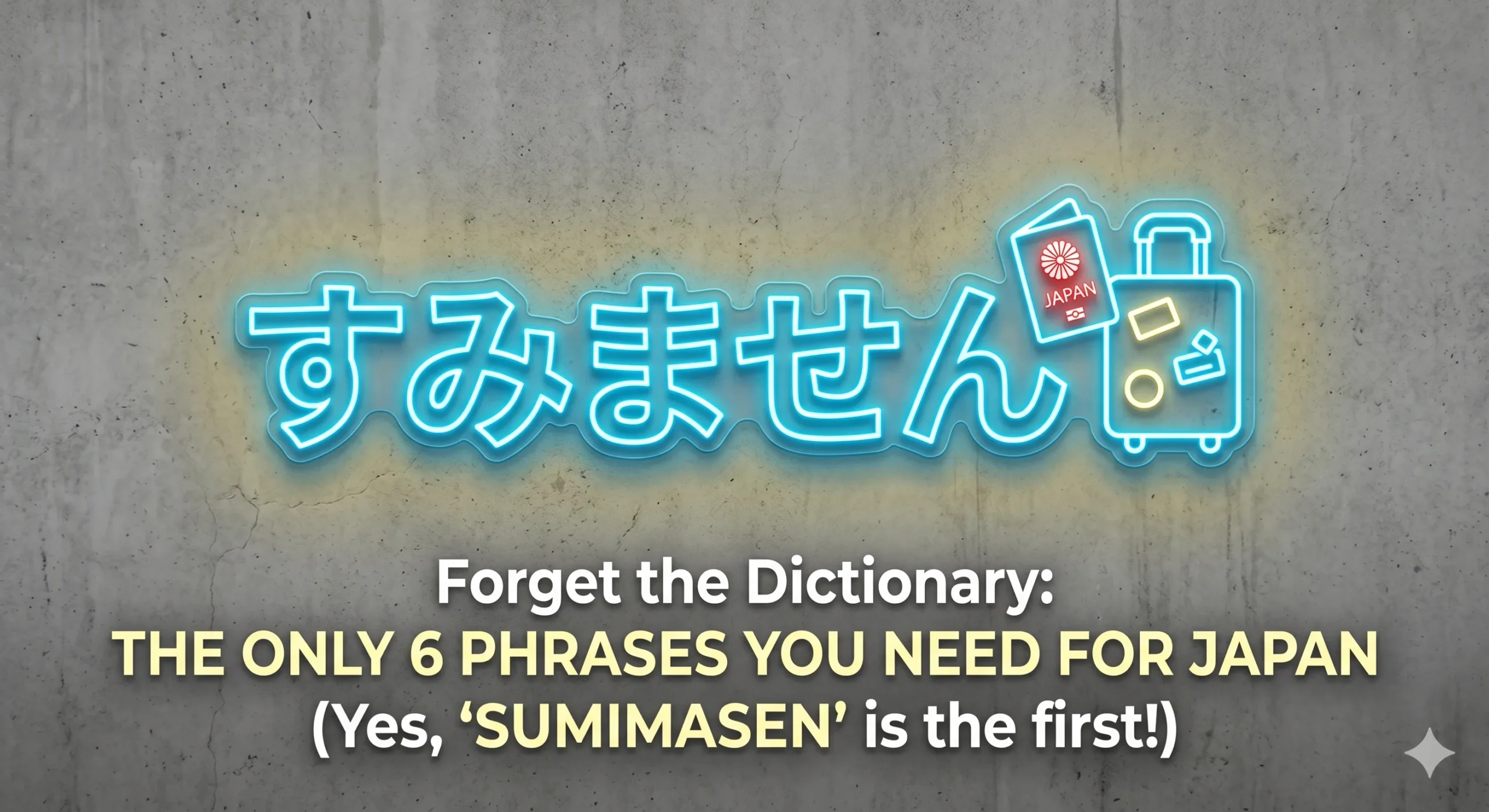A high-contrast visual featuring a clean, concrete-textured background. Centered is a neon-style graphic or crisp overlay highlighting the Japanese character for "Sumimasen" alongside an icon of a passport and a suitcase. The styling relies on bold minimalism with sharp typography reading: "Forget the Dictionary: The Only 6 Phrases You Need for Japan."
