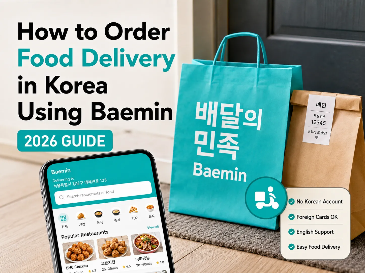 Thumbnail showing the Baemin food delivery app on a smartphone with Korean delivery bags and packaged takeout, illustrating how to order food delivery in Korea (2026 guide).