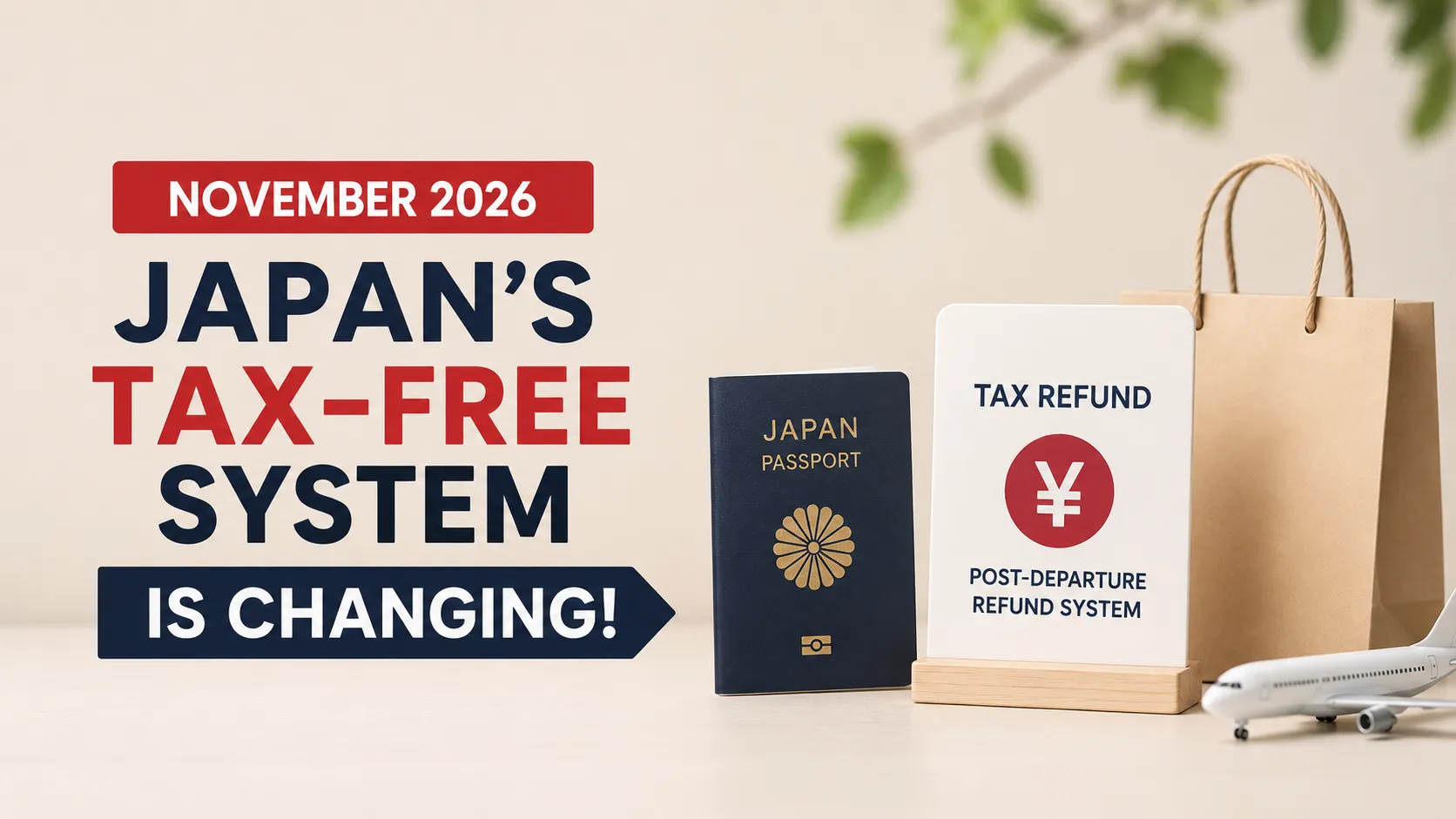 Clean infographic illustrating Japan’s upcoming tax-free shopping system change in November 2026, featuring a passport, shopping bag, airplane, and tax refund sign on a minimalist background.