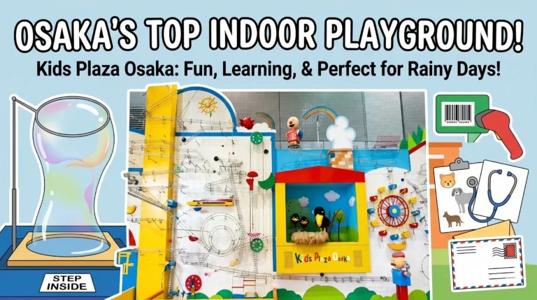 A colorful thumbnail image for Kids Plaza Osaka featuring illustrations of key attractions like a giant bubble and various job experiences around a photo of the main play area. Bold white and black text at the top reads, "OSAKA'S TOP INDOOR PLAYGROUND!" with smaller text below stating, "Kids Plaza Osaka: Fun, Learning, & Perfect for Rainy Days!". This image effectively advertises a vibrant indoor playground with diverse educational activities.