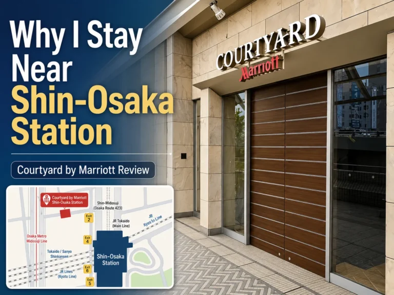 **Alt text:** Blog thumbnail showing the entrance of Courtyard by Marriott Shin-Osaka Station, with bold text reading “Why I Stay Near Shin-Osaka Station,” a review subtitle, and a small inset map highlighting the hotel’s location near Shin-Osaka Station.