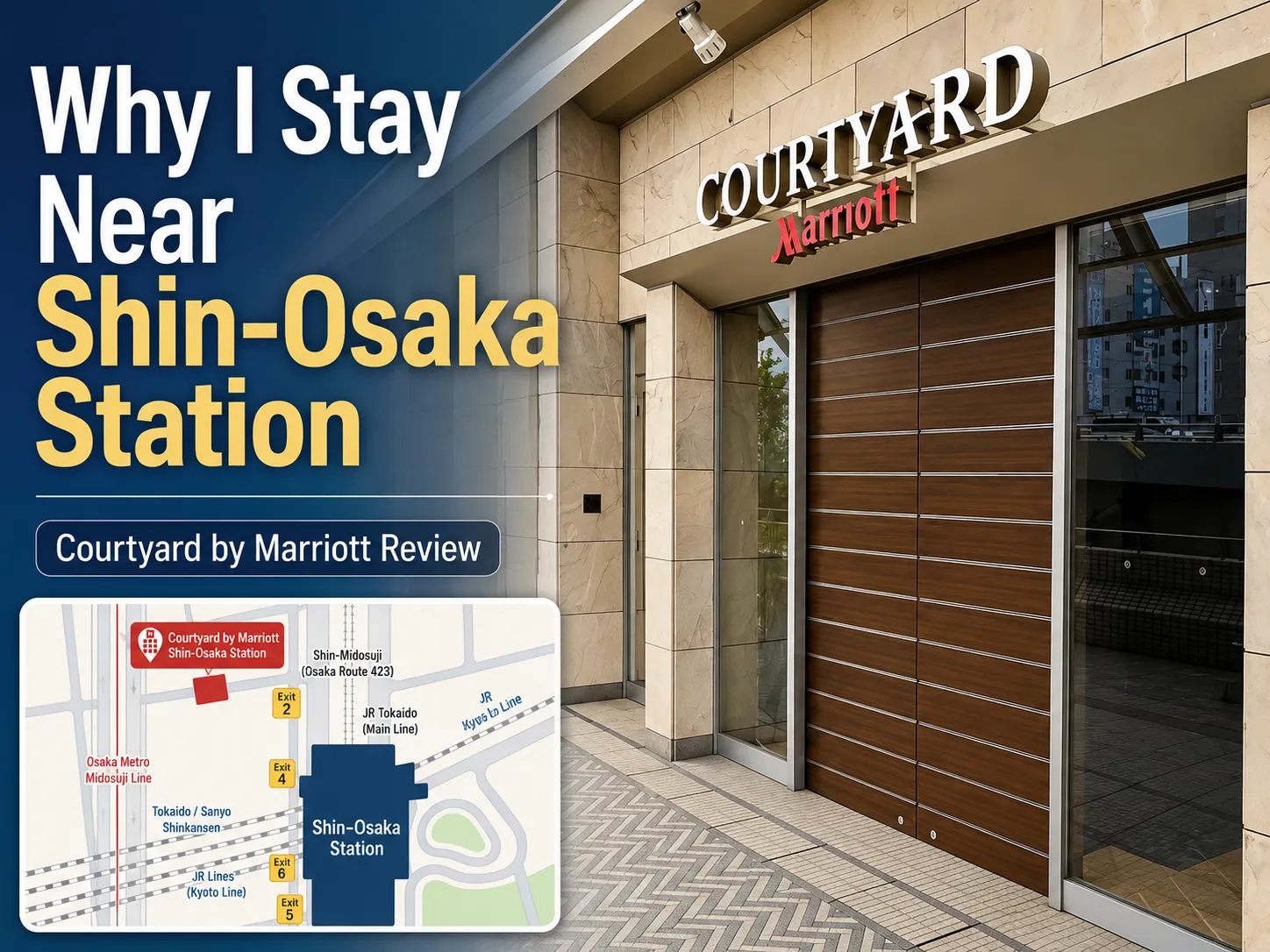 **Alt text:** Blog thumbnail showing the entrance of Courtyard by Marriott Shin-Osaka Station, with bold text reading “Why I Stay Near Shin-Osaka Station,” a review subtitle, and a small inset map highlighting the hotel’s location near Shin-Osaka Station.