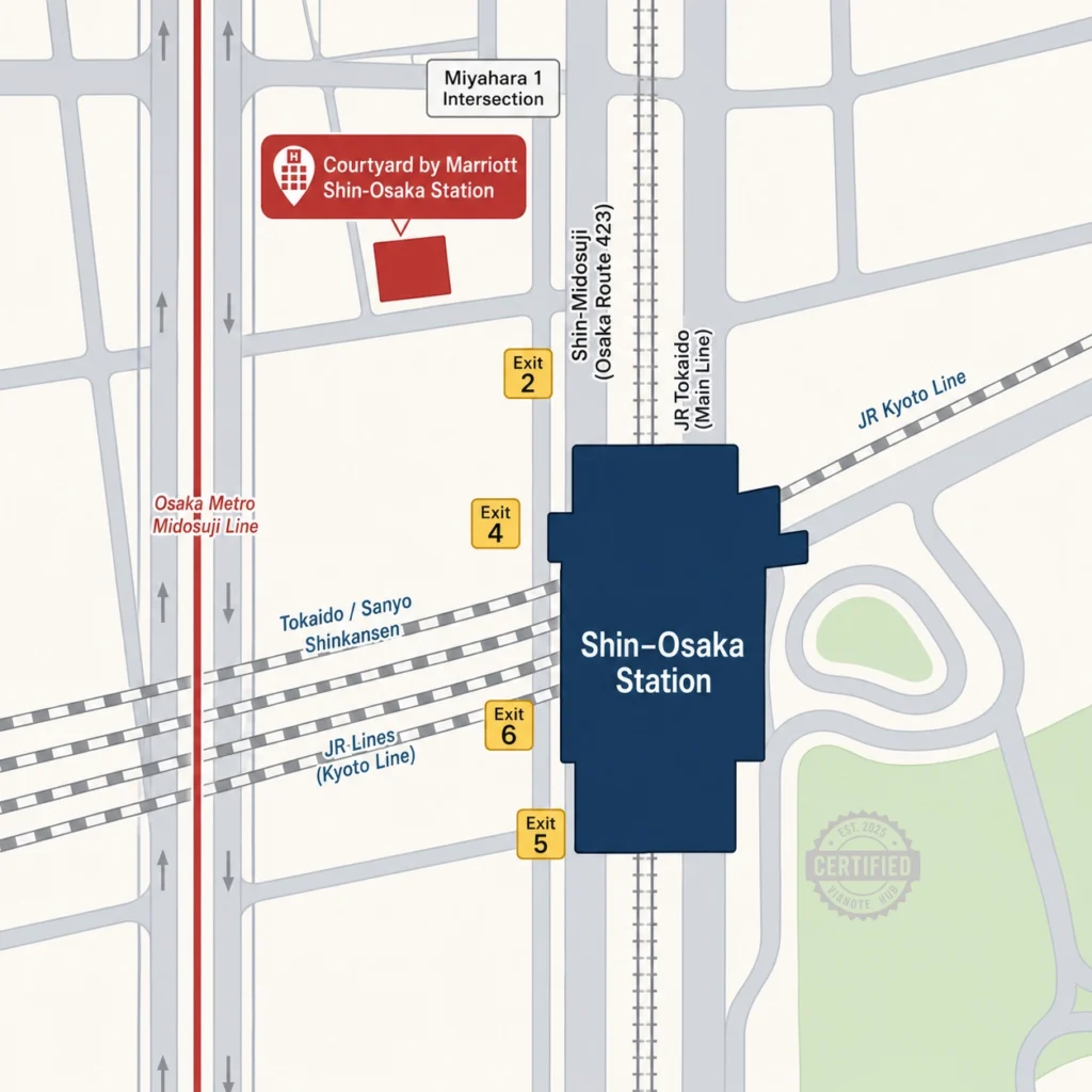 This is a simplified map showing the distance between Shin-Osaka Station and Courtyard by Marriott Shin-Osaka Station Hotel.