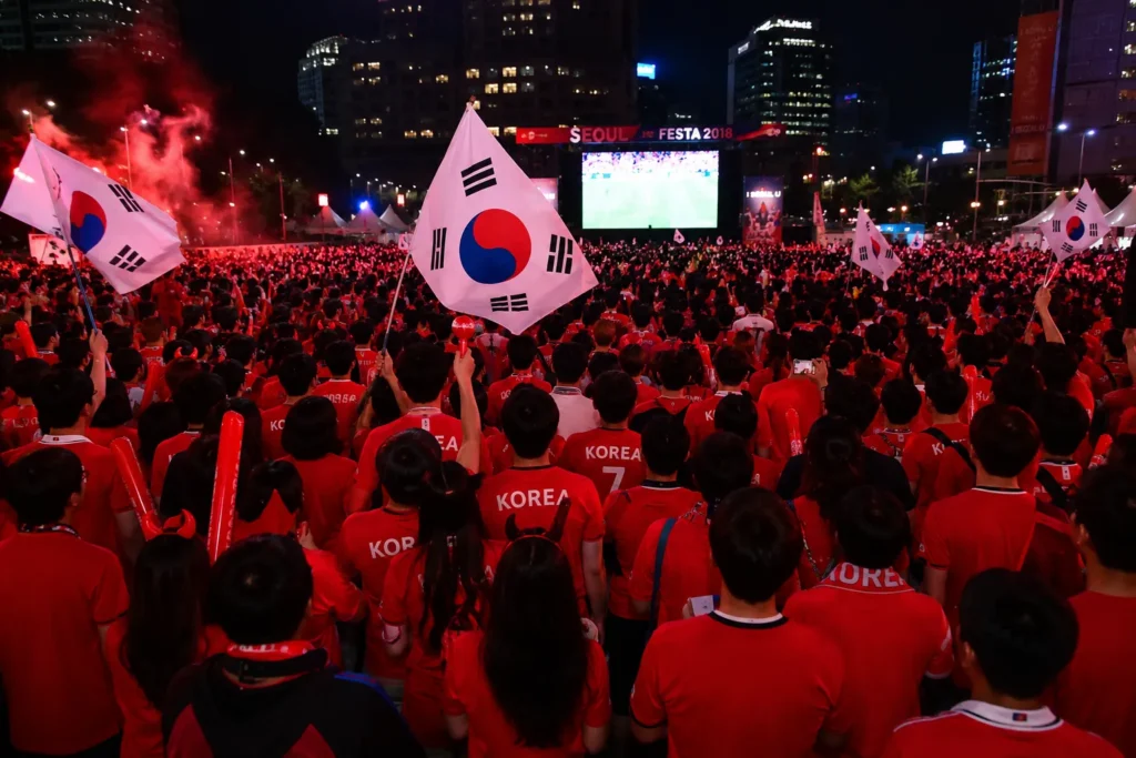 AI generated image. Crowd of Korean soccer fans in red shirts waving South Korean flags during a nighttime street cheering event.
