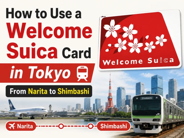 Thumbnail showing a Welcome Suica card with Tokyo skyline, Narita Airport plane, and train route to Shimbashi.