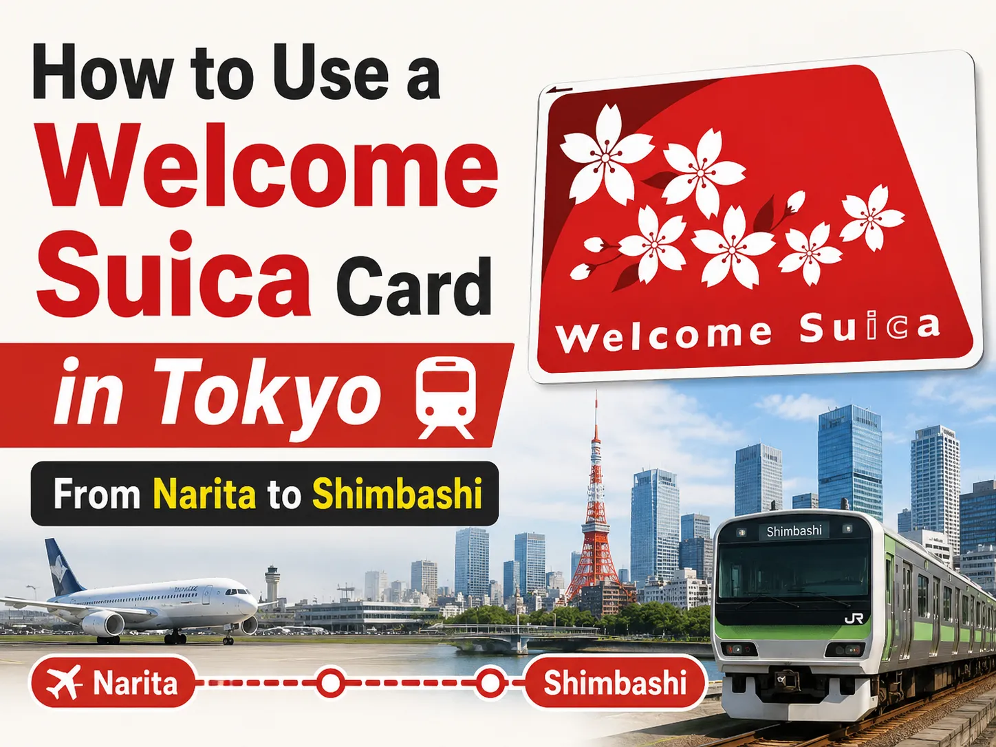 Thumbnail showing a Welcome Suica card with Tokyo skyline, Narita Airport plane, and train route to Shimbashi.