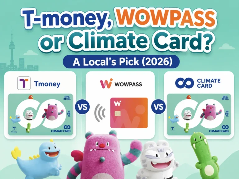 Thumbnail for blog post comparing T-money, WOWPASS, and Climate Card, featuring card designs and colorful mascots with the text “A Local’s Pick (2026)”
