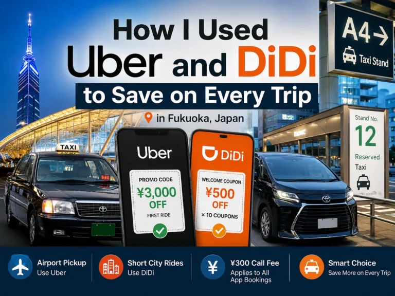 Featured image showing Uber and DiDi ride-hailing in Fukuoka with airport pickup, taxi stand, promo discounts, and city ride savings.