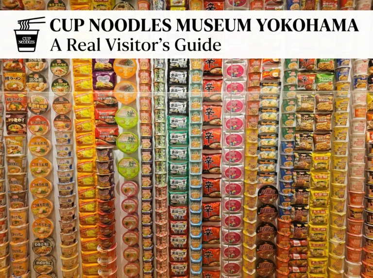 A wall filled with rows of colorful instant ramen packages below a title banner reading 'CUP NOODLES MUSEUM YOKOHAMA: A Real Visitor's Guide'.