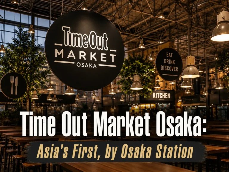A wide view of Time Out Market Osaka featuring a large circular "Time Out Market Osaka" sign suspended from the ceiling, surrounded by warm industrial lighting, wooden tables, and modern food hall interiors. Bold title text reads "Time Out Market Osaka: Asia's First, by Osaka Station.